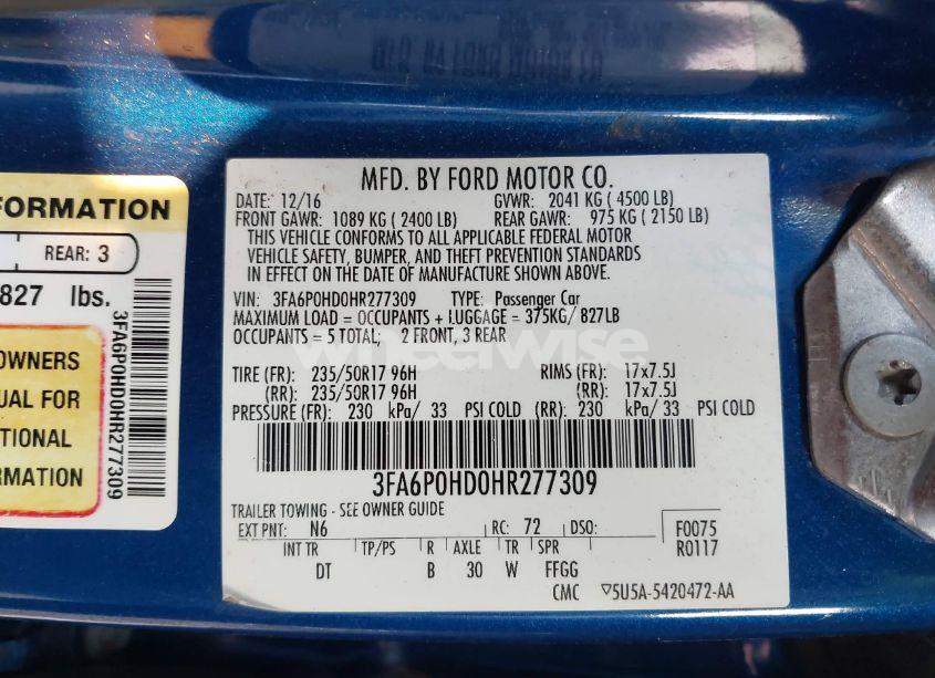 Photo 9 of 2017 Ford Fusion SE (VIN 3FA6P0HD0HR277309)