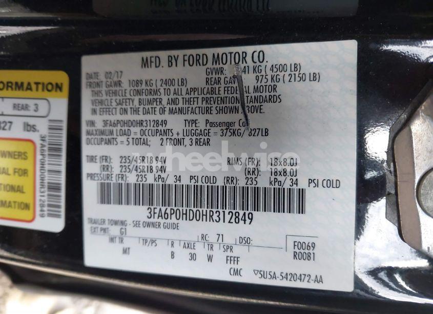 Photo 9 of 2017 Ford Fusion SE (VIN 3FA6P0HD0HR312849)