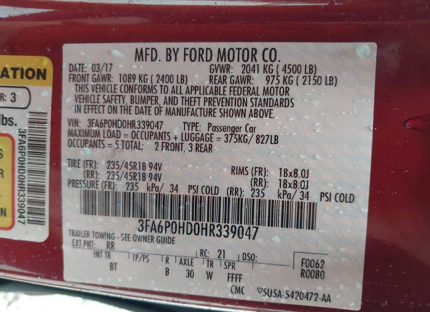 Photo 9 of 2017 Ford Fusion SE (VIN 3FA6P0HD0HR339047)