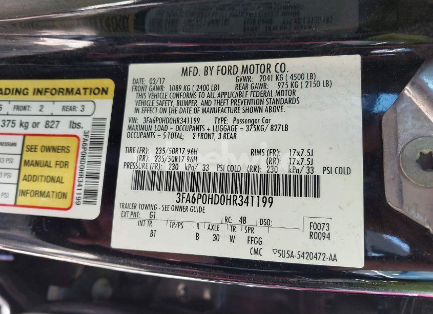 Photo 9 of 2017 Ford Fusion SE (VIN 3FA6P0HD0HR341199)