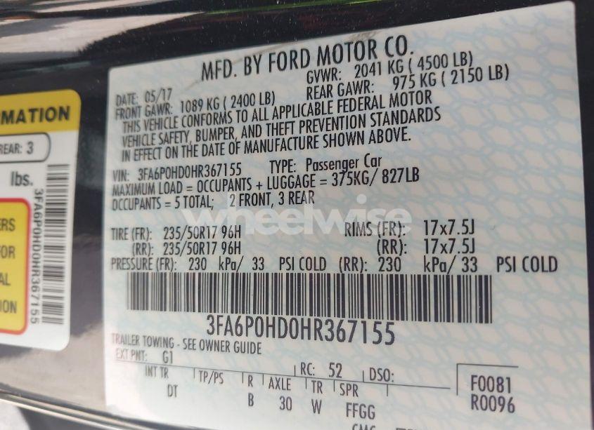 Photo 9 of 2017 Ford Fusion SE (VIN 3FA6P0HD0HR367155)