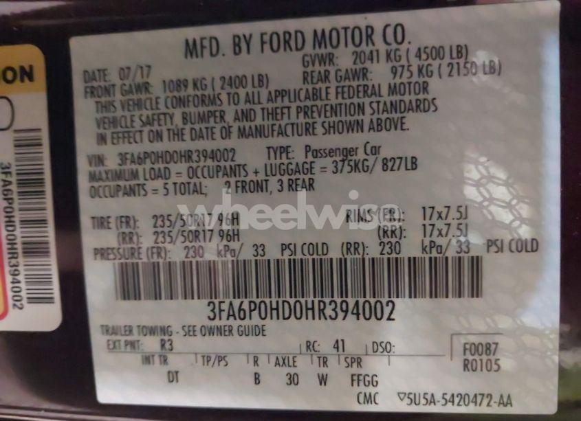 Photo 9 of 2017 Ford Fusion SE (VIN 3FA6P0HD0HR394002)