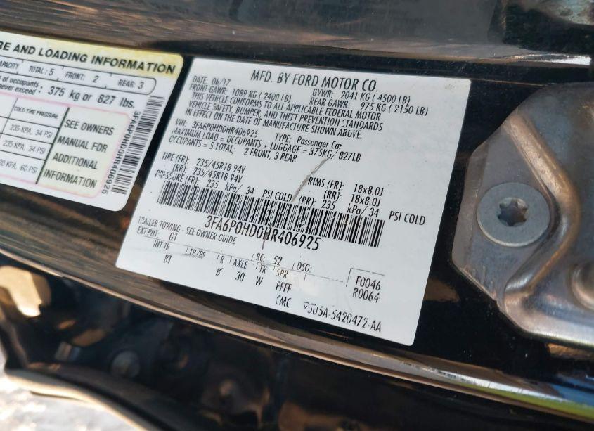 Photo 9 of 2017 Ford Fusion SE (VIN 3FA6P0HD0HR406925)