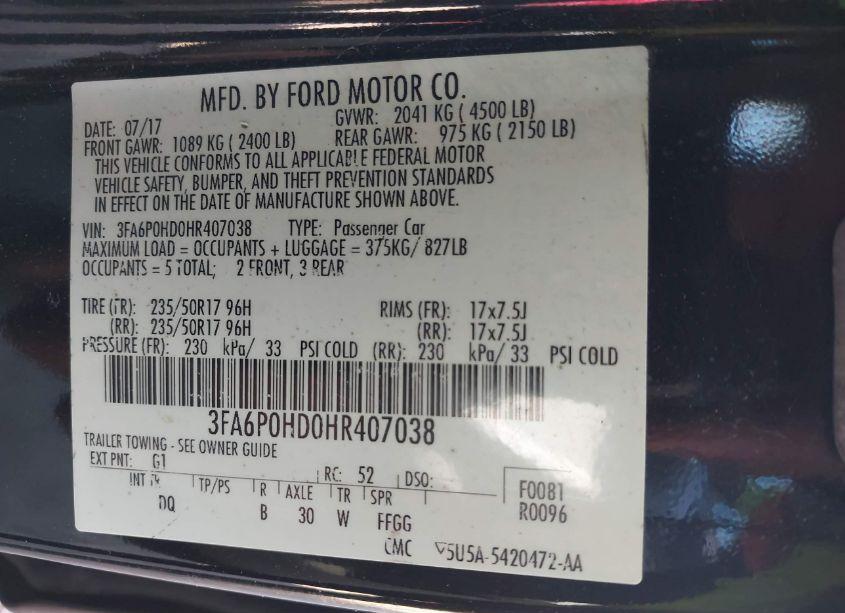 Photo 9 of 2017 Ford Fusion SE (VIN 3FA6P0HD0HR407038)