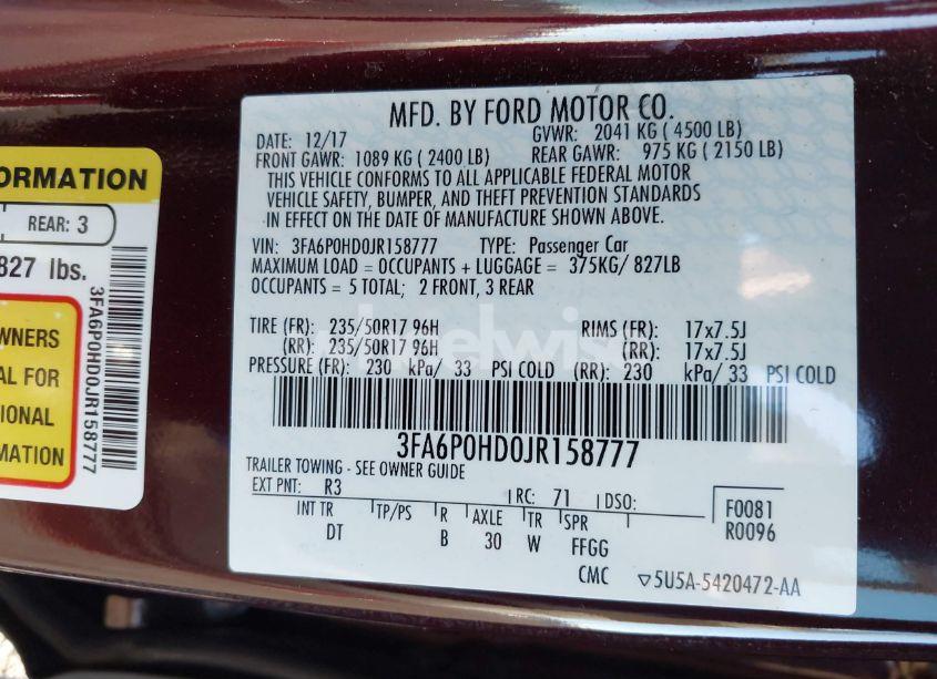 Photo 9 of 2018 Ford Fusion SE (VIN 3FA6P0HD0JR158777)