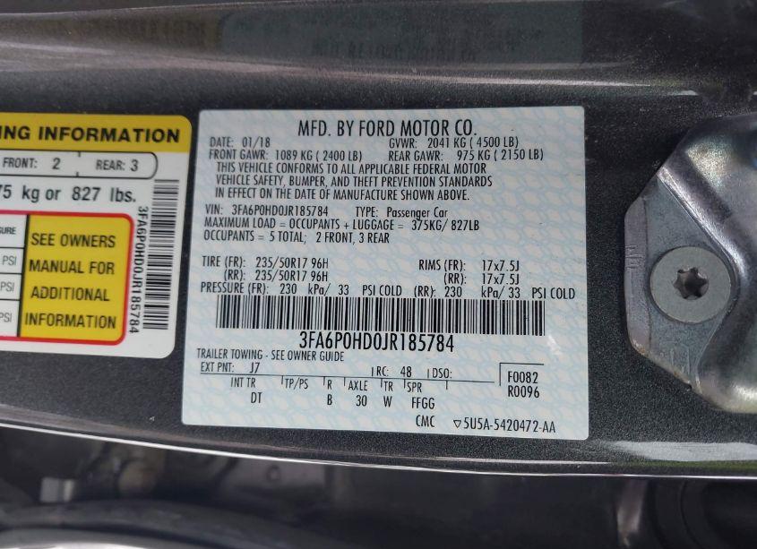 Photo 9 of 2018 Ford Fusion SE (VIN 3FA6P0HD0JR185784)