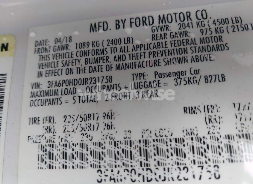 Photo 9 of 2018 Ford Fusion SE (VIN 3FA6P0HD0JR231758)