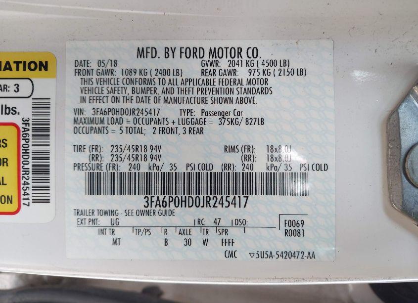 Photo 9 of 2018 Ford Fusion SE (VIN 3FA6P0HD0JR245417)