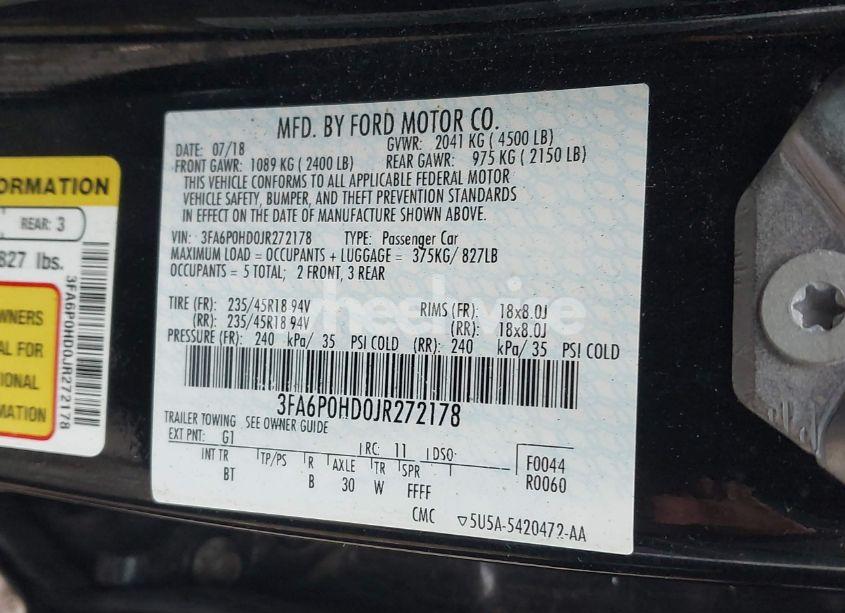 Photo 9 of 2018 Ford Fusion SE (VIN 3FA6P0HD0JR272178)