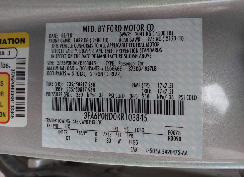 Photo 9 of 2019 Ford Fusion SE (VIN 3FA6P0HD0KR103845)