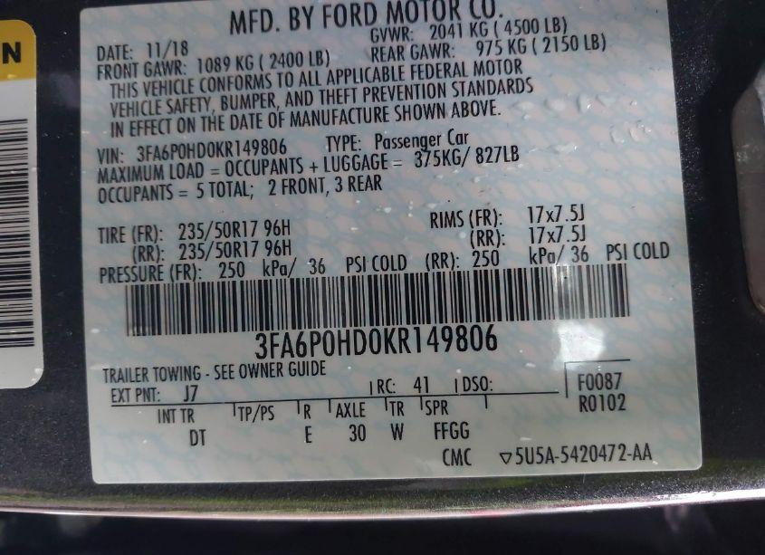 Photo 9 of 2019 Ford Fusion SE (VIN 3FA6P0HD0KR149806)