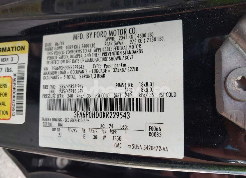 Photo 9 of 2019 Ford Fusion SE (VIN 3FA6P0HD0KR229543)