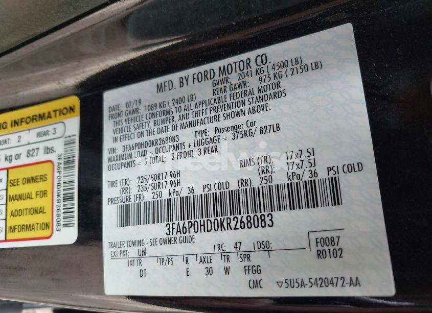 Photo 9 of 2019 Ford Fusion SE (VIN 3FA6P0HD0KR268083)