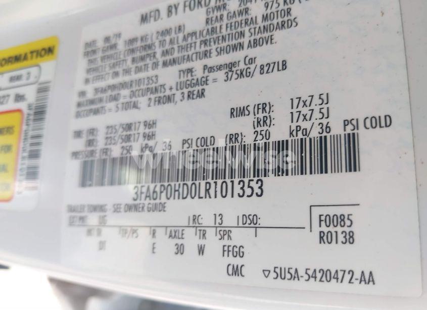 Photo 9 of 2020 Ford Fusion SE (VIN 3FA6P0HD0LR101353)