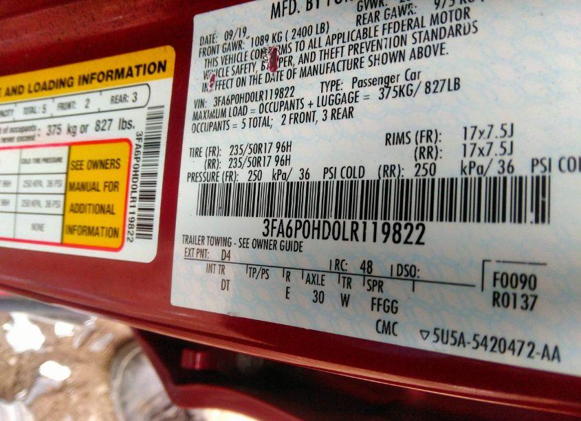 Photo 9 of 2020 Ford Fusion SE (VIN 3FA6P0HD0LR119822)