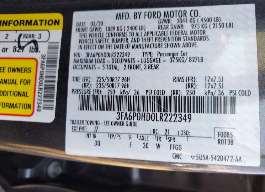 Photo 9 of 2020 Ford Fusion SE (VIN 3FA6P0HD0LR222349)