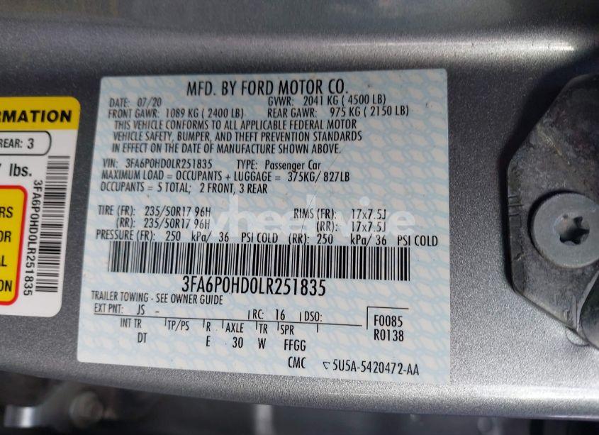 Photo 9 of 2020 Ford Fusion SE (VIN 3FA6P0HD0LR251835)
