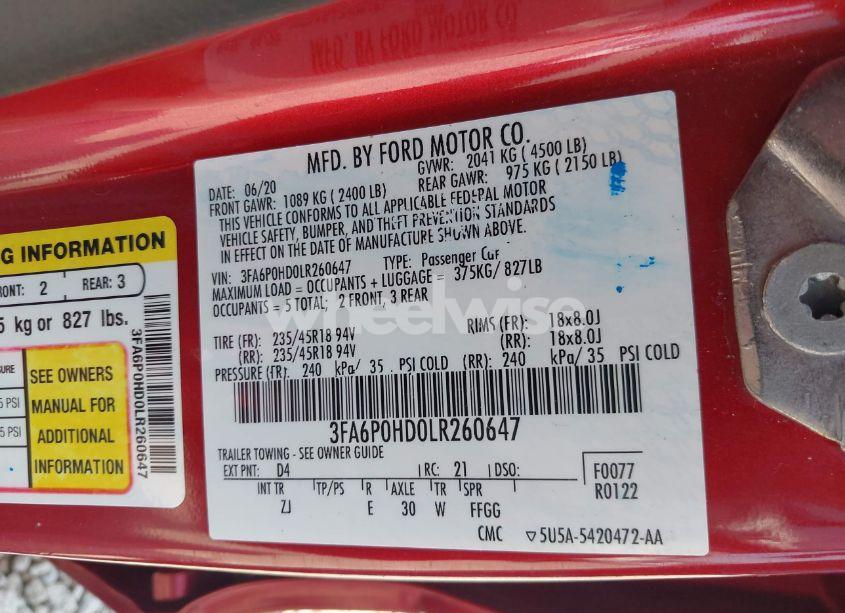 Photo 9 of 2020 Ford Fusion SE (VIN 3FA6P0HD0LR260647)