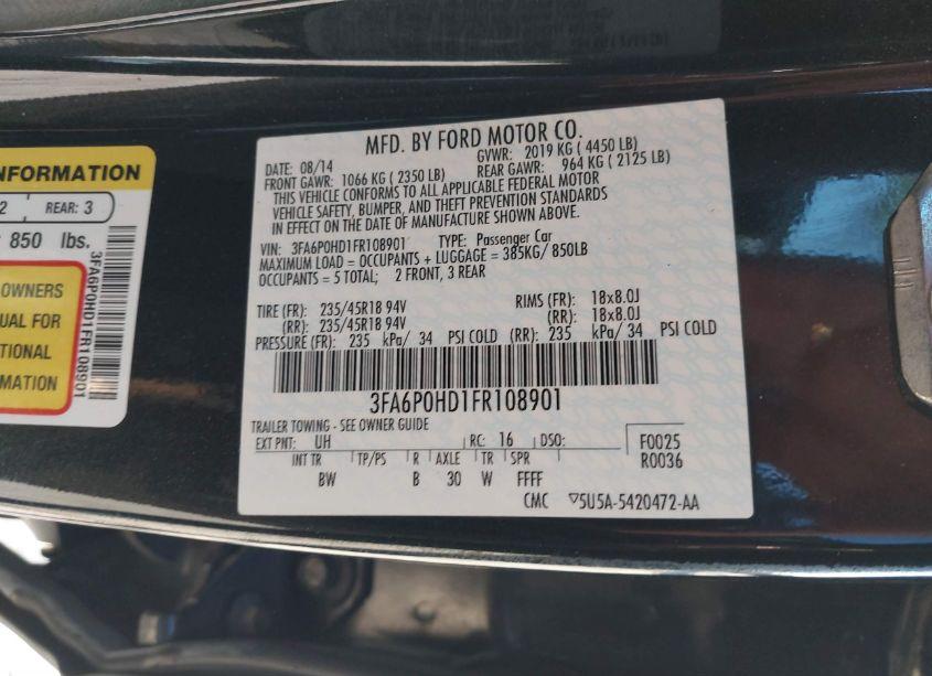 Photo 9 of 2015 Ford Fusion SE (VIN 3FA6P0HD1FR108901)