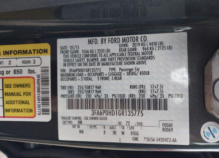 Photo 9 of 2016 Ford Fusion SE (VIN 3FA6P0HD1GR135775)