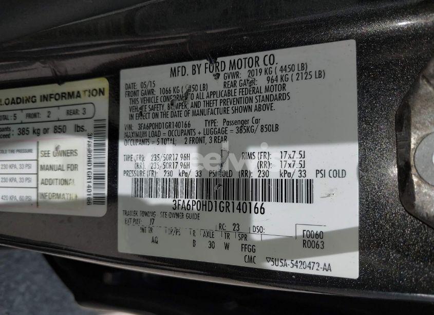 Photo 9 of 2016 Ford Fusion SE (VIN 3FA6P0HD1GR140166)