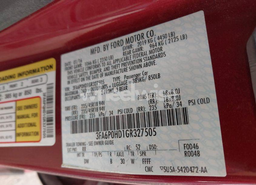 Photo 9 of 2016 Ford Fusion SE (VIN 3FA6P0HD1GR327505)