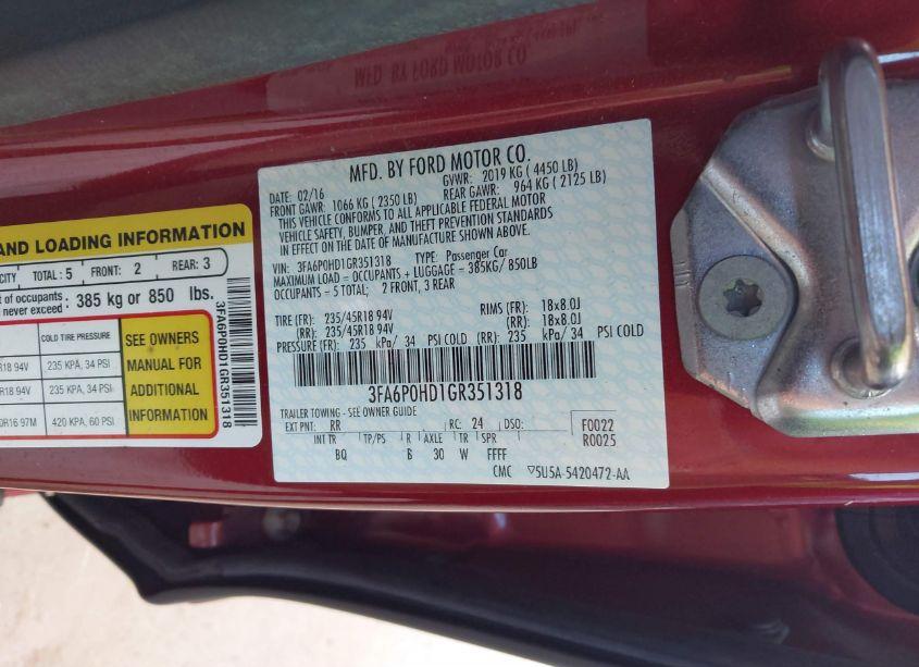 Photo 9 of 2016 Ford Fusion SE (VIN 3FA6P0HD1GR351318)