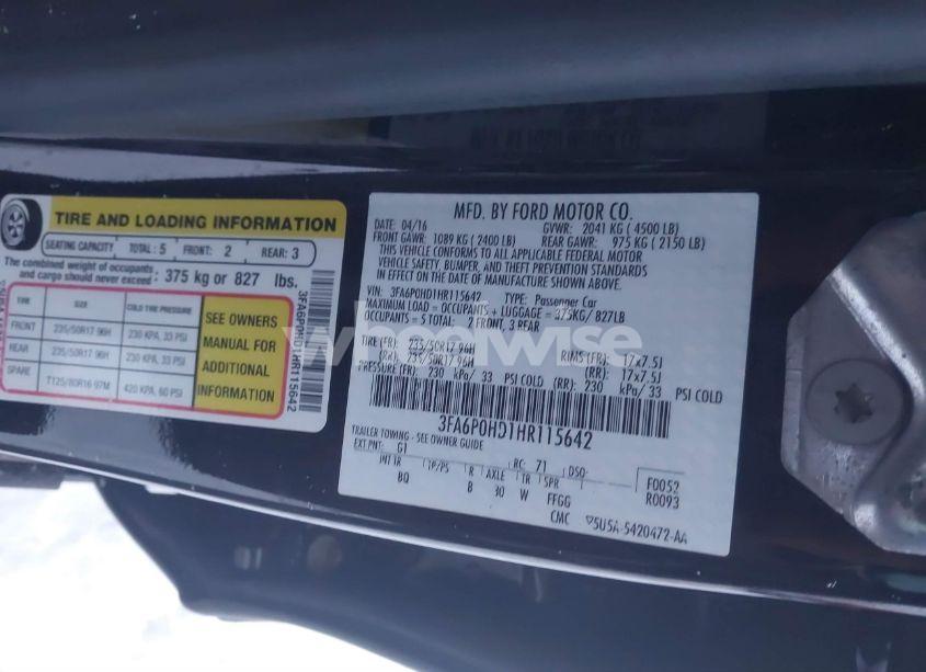 Photo 9 of 2017 Ford Fusion SE (VIN 3FA6P0HD1HR115642)