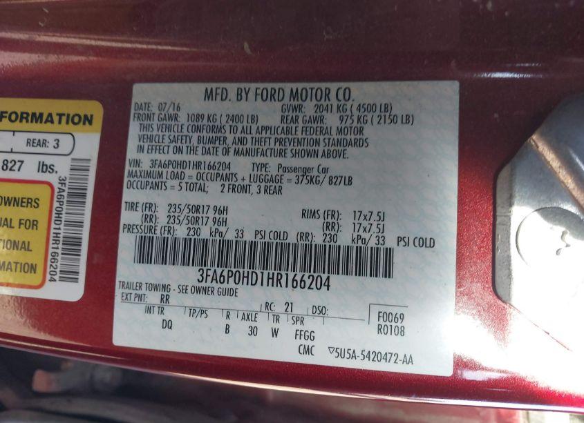 Photo 9 of 2017 Ford Fusion SE (VIN 3FA6P0HD1HR166204)