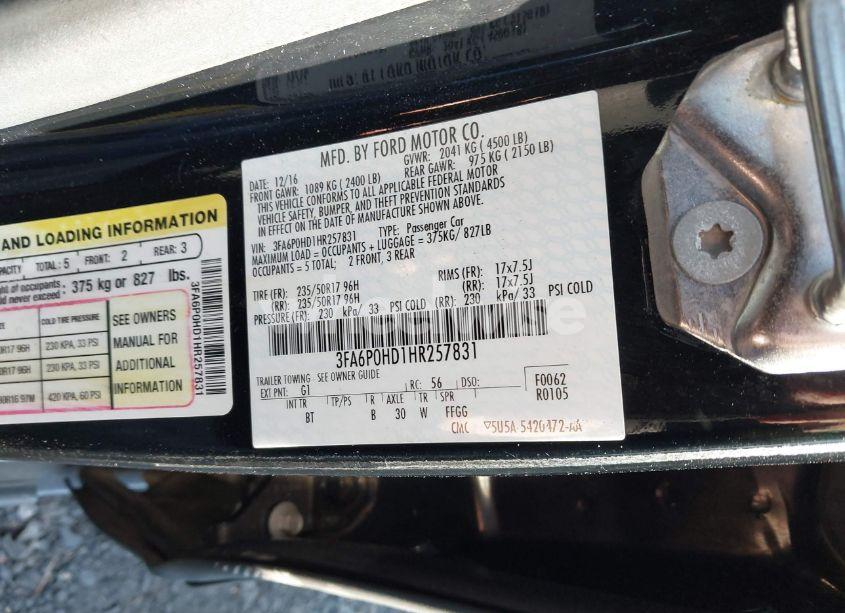 Photo 9 of 2017 Ford Fusion SE (VIN 3FA6P0HD1HR257831)