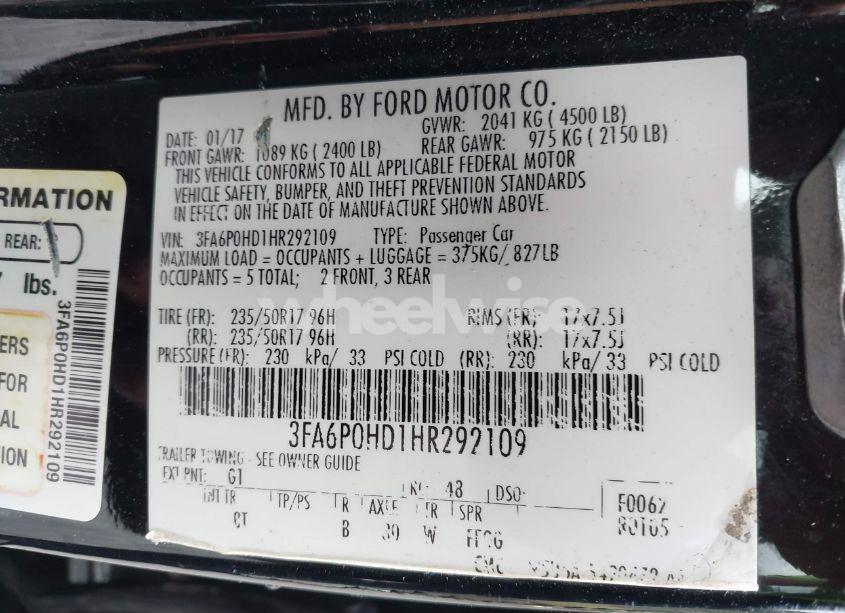 Photo 9 of 2017 Ford Fusion SE (VIN 3FA6P0HD1HR292109)