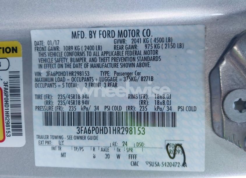 Photo 9 of 2017 Ford Fusion SE (VIN 3FA6P0HD1HR298153)