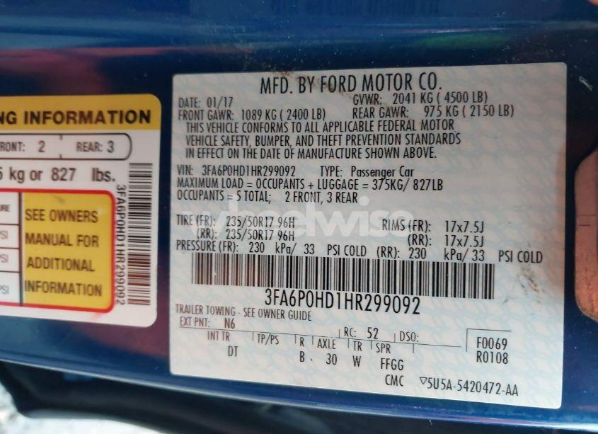 Photo 9 of 2017 Ford Fusion SE (VIN 3FA6P0HD1HR299092)