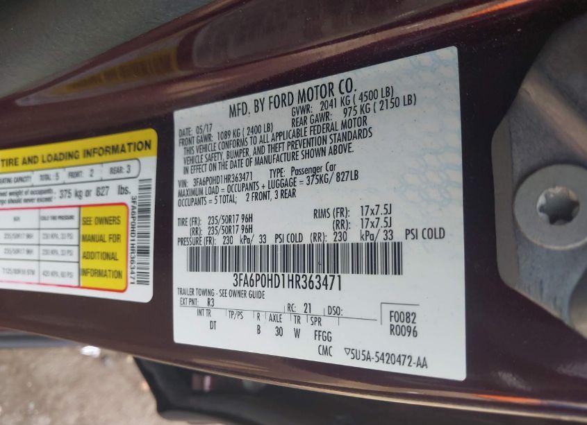 Photo 9 of 2017 Ford Fusion SE (VIN 3FA6P0HD1HR363471)