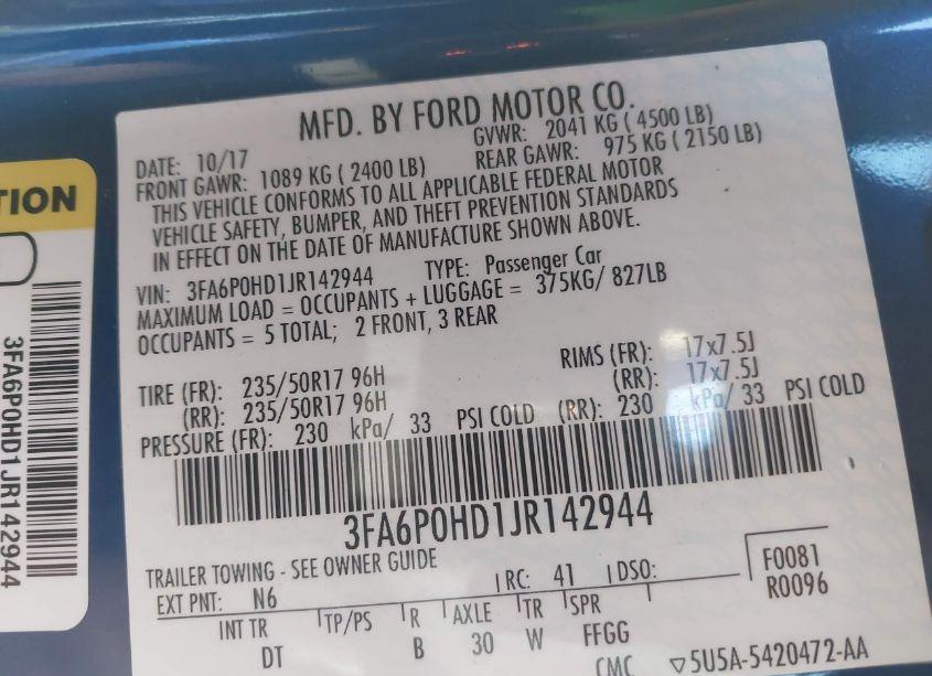 Photo 9 of 2018 Ford Fusion SE (VIN 3FA6P0HD1JR142944)