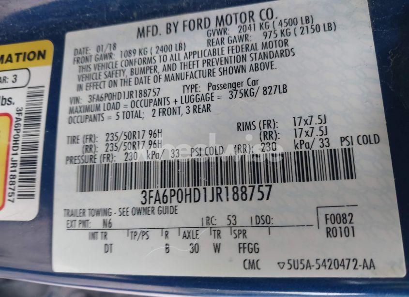 Photo 9 of 2018 Ford Fusion SE (VIN 3FA6P0HD1JR188757)