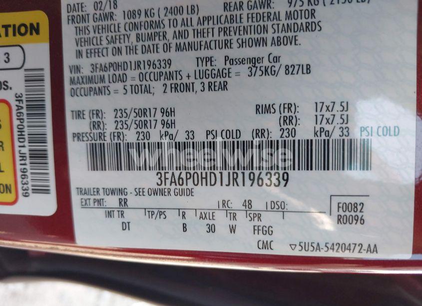 Photo 9 of 2018 Ford Fusion SE (VIN 3FA6P0HD1JR196339)