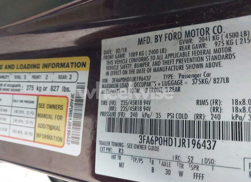 Photo 9 of 2018 Ford Fusion SE (VIN 3FA6P0HD1JR196437)