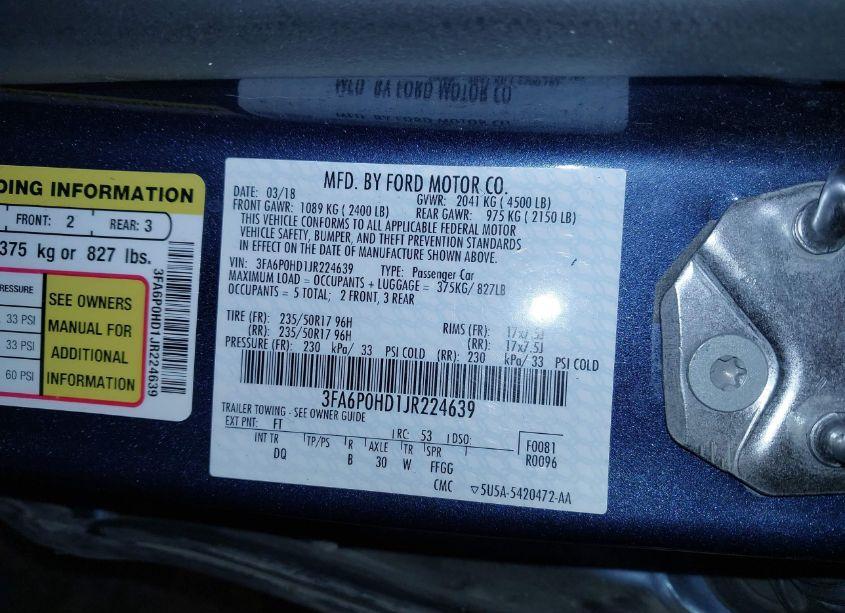 Photo 9 of 2018 Ford Fusion SE (VIN 3FA6P0HD1JR224639)