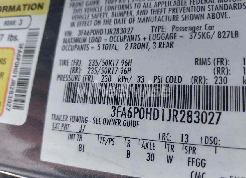 Photo 9 of 2018 Ford Fusion SE (VIN 3FA6P0HD1JR283027)