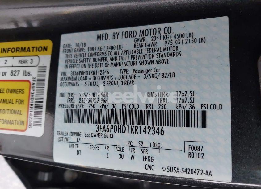Photo 9 of 2019 Ford Fusion SE (VIN 3FA6P0HD1KR142346)