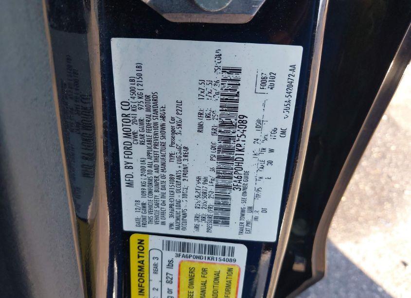 Photo 9 of 2019 Ford Fusion SE (VIN 3FA6P0HD1KR154089)