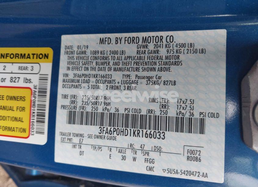 Photo 9 of 2019 Ford Fusion SE (VIN 3FA6P0HD1KR166033)