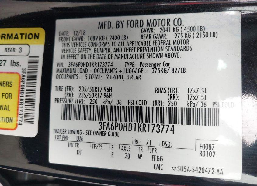 Photo 9 of 2019 Ford Fusion SE (VIN 3FA6P0HD1KR173774)