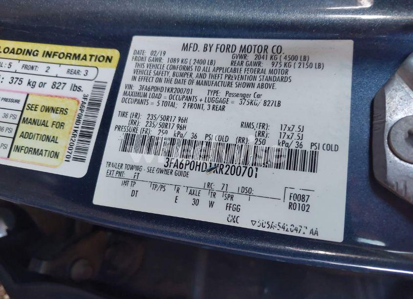 Photo 9 of 2019 Ford Fusion SE (VIN 3FA6P0HD1KR200701)