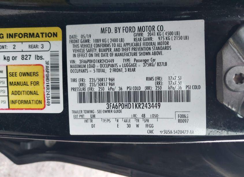 Photo 9 of 2019 Ford Fusion SE (VIN 3FA6P0HD1KR243449)
