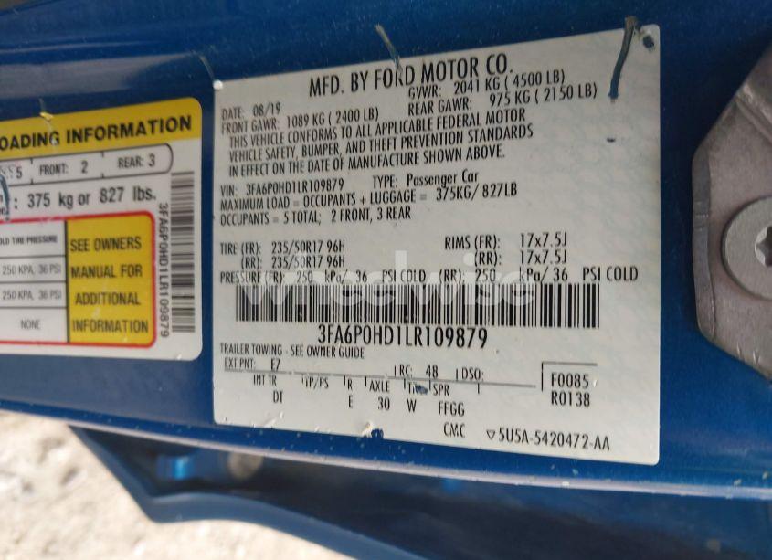 Photo 9 of 2020 Ford Fusion SE (VIN 3FA6P0HD1LR109879)