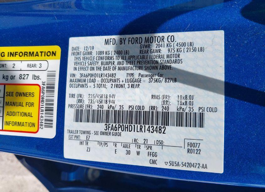 Photo 9 of 2020 Ford Fusion SE (VIN 3FA6P0HD1LR143482)