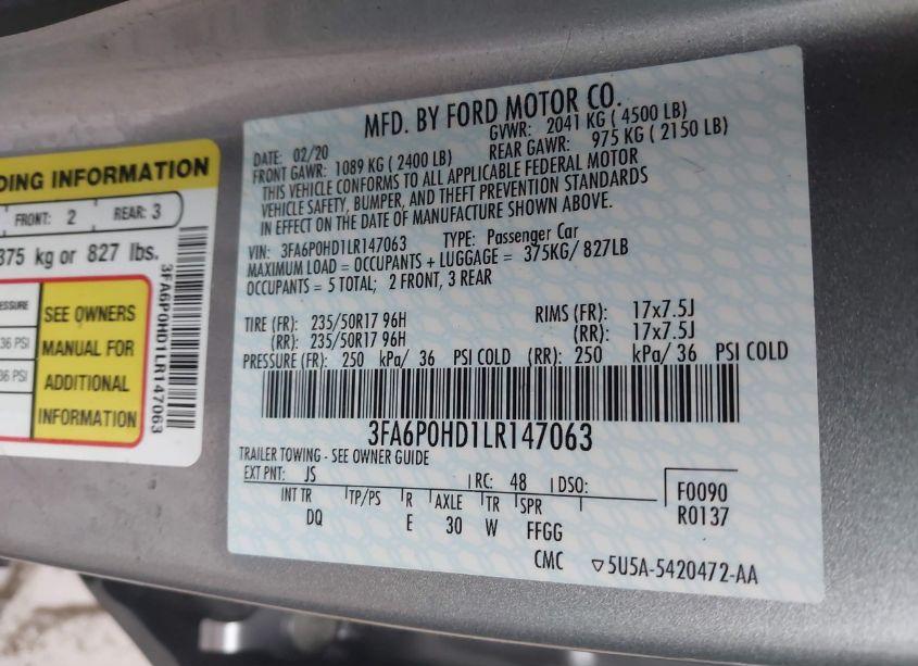 Photo 9 of 2020 Ford Fusion SE (VIN 3FA6P0HD1LR147063)