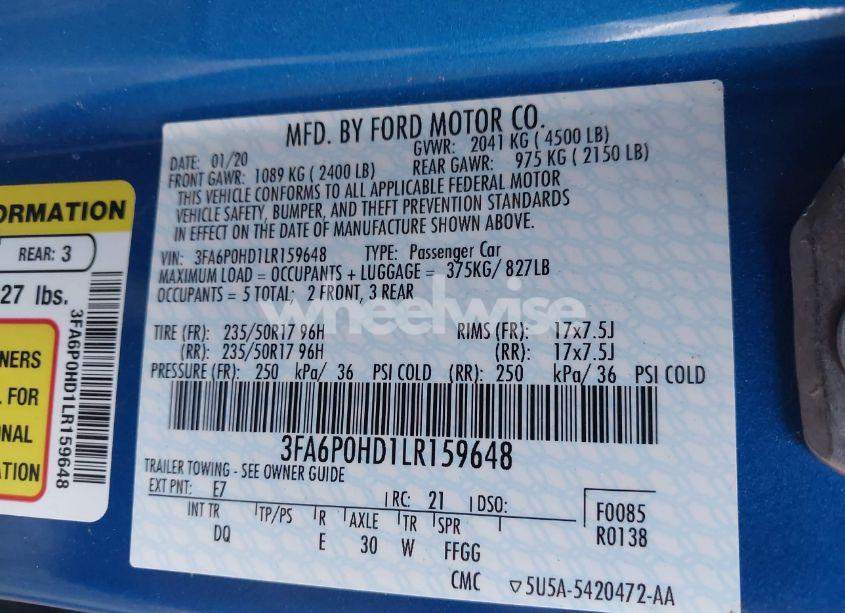 Photo 9 of 2020 Ford Fusion SE (VIN 3FA6P0HD1LR159648)